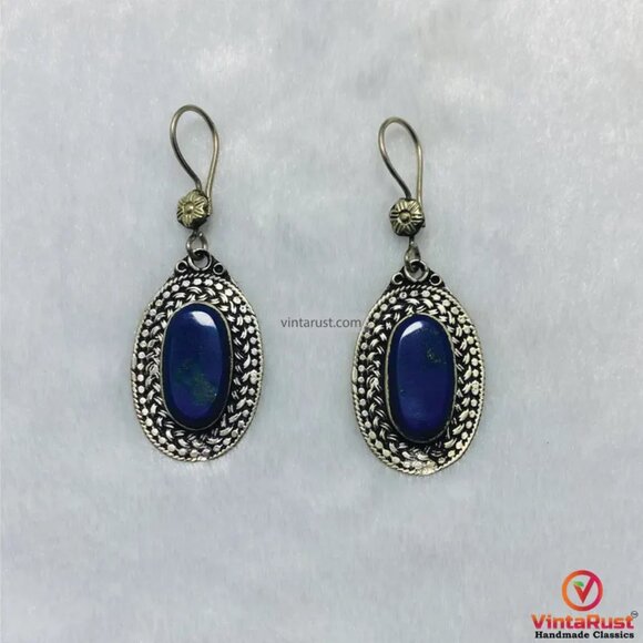 Traditional Lapis Lazuli Earrings: Oval Blue Gemstone Earrings Gift for Her - Picture 2 of 7